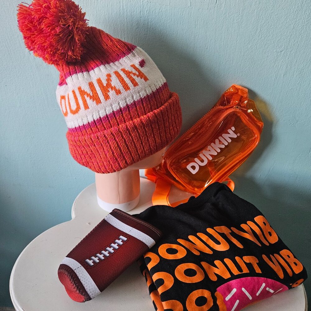 Dunkin Donuts promo lot winter knit hat crossbody bag cozie tee t-shirt vibes